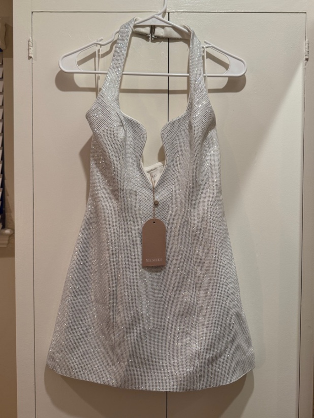 MESHKI Raina Diamante Halter Mini Dress - White